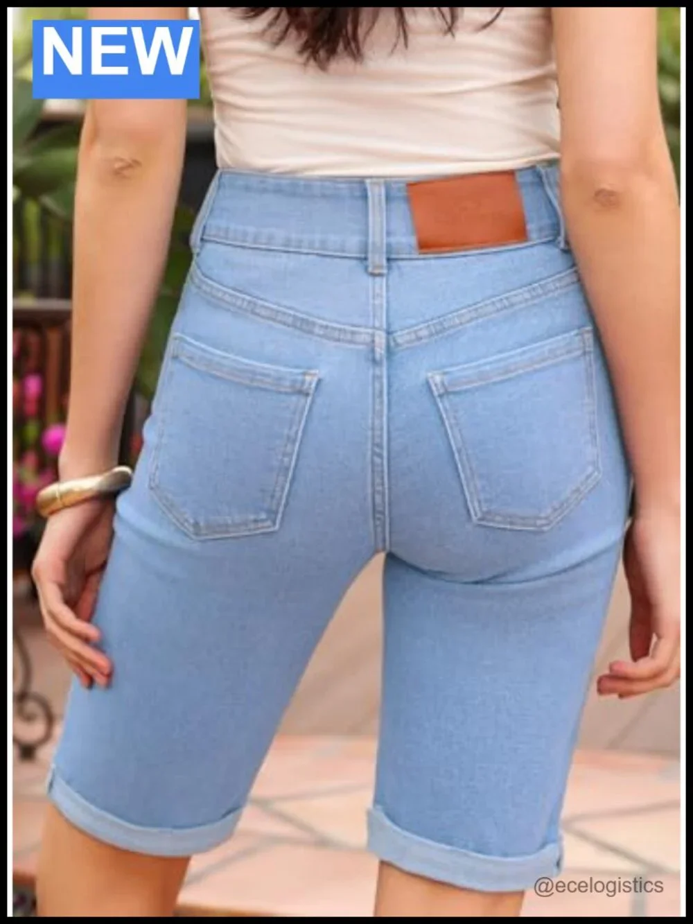 Women's High Waisted Bermuda Jean Shorts with Rolled Hem